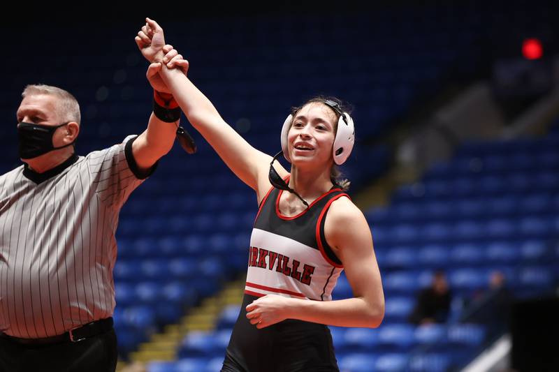 Yorkville's Natasha Markoutsis defeats Collinsville’s Taylor Dawson with a fall in the 125 pound championship match at Grossinger Motor Arena in Bloomington. Saturday, Feb. 26, 2022, in Champaign.