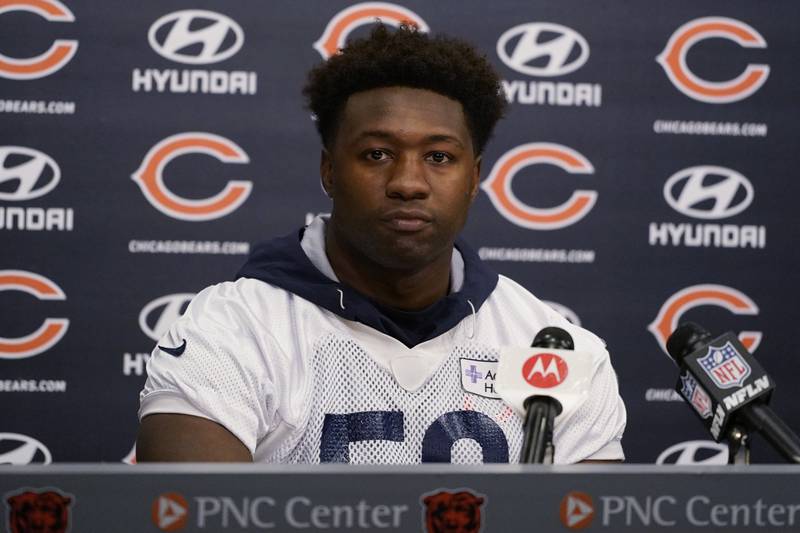 Chicago Bears linebacker Roquan Smith listens to reporters at a news conference on April 20, 2022 in Lake Forest.