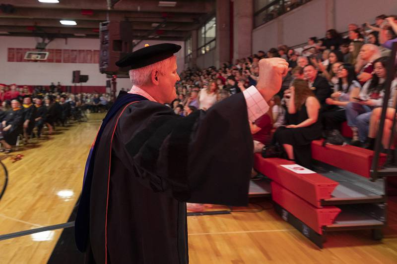 SVCC President Dr. David Hellmich celebrates the end of commencement Friday, May 15, 2026. Hellmich, who has helmed the position for 11 years, took part in his final graduation and will head into retirement.