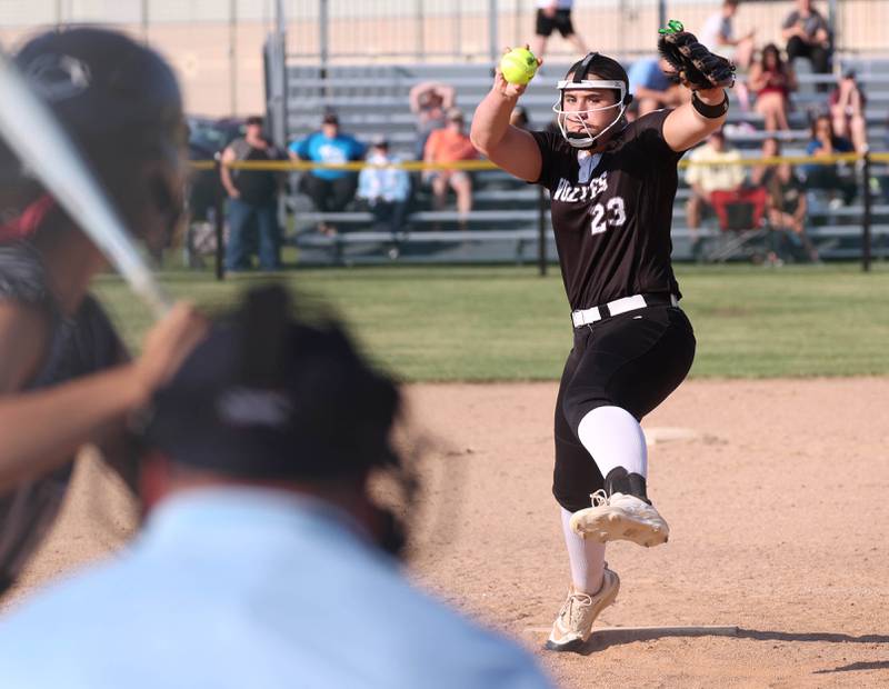 Prairie Ridge's Reese Mosolino delivers a pitch Friday, June 6, 2025, during their Class 3A sectional final game against Crystal Lake Central at Sycamore High School.