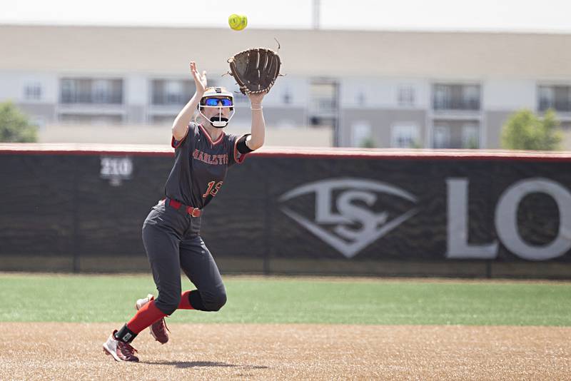 Charleston’s Avery Beals plays a large bounce against Antioch Friday, June 9, 2023 in the class 3A state softball semifinal.