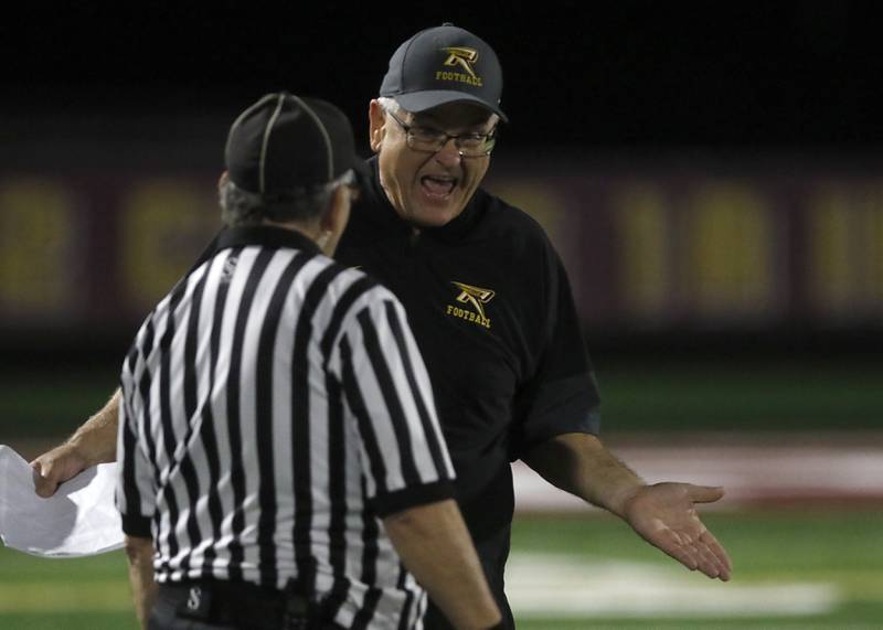 Richmond-Burton Head Coach Mike Noll argues a call during a Kishwaukee River Conference football game against Marengo on Friday, Oct. 17, 2025, at Richmond-Burton High School in Richmond.