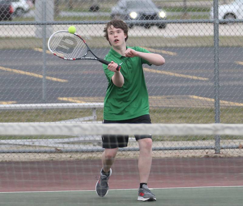 L-P's Zach Newman plays tennis at the L-P Athletic Complex on Monday, April 3, 2023 in La Salle.