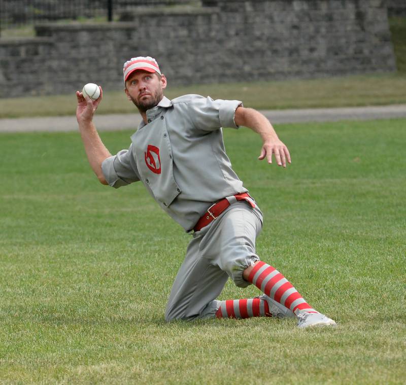Ganymede shortstop, Brett Rogers throws to third against the Bay City Independents during the World Tournament of Historic Base Ball held at the Henry Ford Museum's Greenfield Village on Saturday, Aug. 9, 2025.
