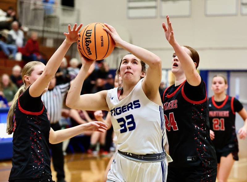 Princeton freshman Krishlyn. Lanham post up against E-P in her first varsity Tuesday night at Prouty Gym. The visiting Panthers won 51-40.