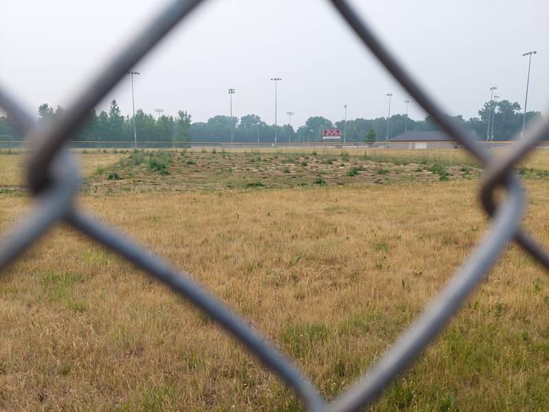 Weeds grow over the infield dirt Tuesday, June 27, 2023, at the large baseball field at James Street Recreation Complex in Streator. The Streator High School District plans to take control over the field and convert it into one of two soccer fields.