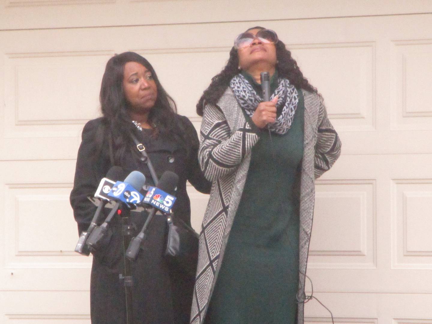 Latisha Fox, longtime friend of Christine Esters, one of the victims in the Jan. 21 shootings in Joliet, is overcome with grief at one point as she leads a vigil on Sunday on West Acres Road to pay tribute to the people who lost their lives. Jan. 29, 2024.