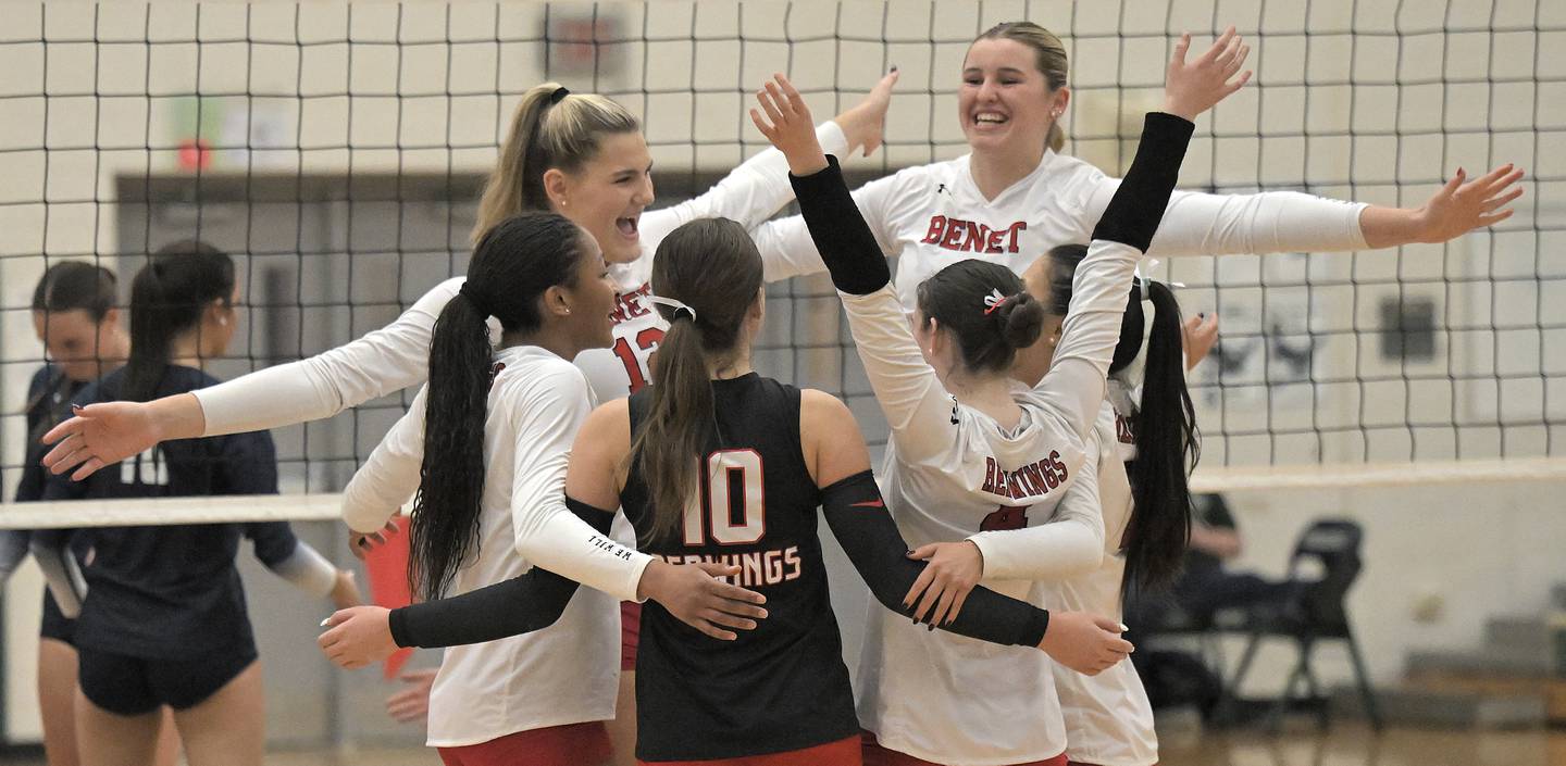 Benet celebrates their two-set win against New Trier in a supersectional girls volleyball match Monday, Nov. 10, 2025 in Bartlett.