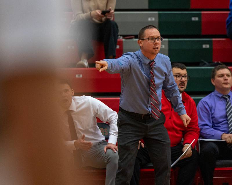 Ottawa Girls Basketball Head Coach, Brent Moore yells at player during play on Wednesday, December 17, 2025 at Sellet Gymnasium in LaSalle.