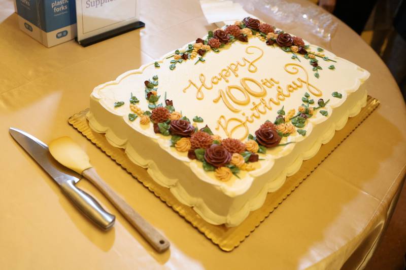 Rialto Theater’s 100th anniversary birthday cake waits to be cut at the celebration on Sunday, May 3, 2026 in Joliet.