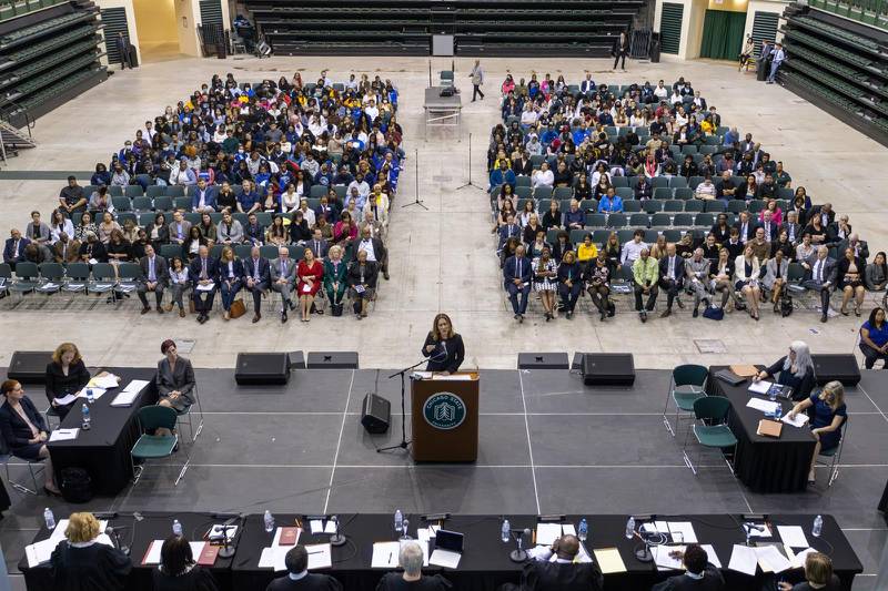 Attorney Pamela Rubeo, representing Francisco Lozano, speaks to the Illinois Supreme Court on May 11 in front of hundreds of students and attendees at a special court session, part of the court’s “riding the circuit” program.