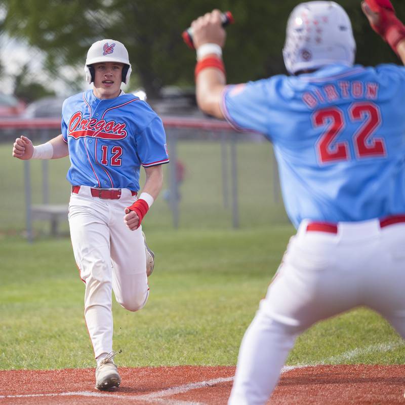 Oregon’s Gavin Morrow comes in the score the Hawks’ second run against Rock Falls in the Stillman Valley Class 2A Regional semifinal Thursday, May 22, 2025.