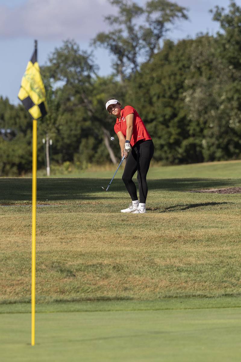 Erie-Prophetstown’s Michelle Naftzger chips towards the pin on #1 at Emerald Hill Wednesday, Sept. 24, 2025.