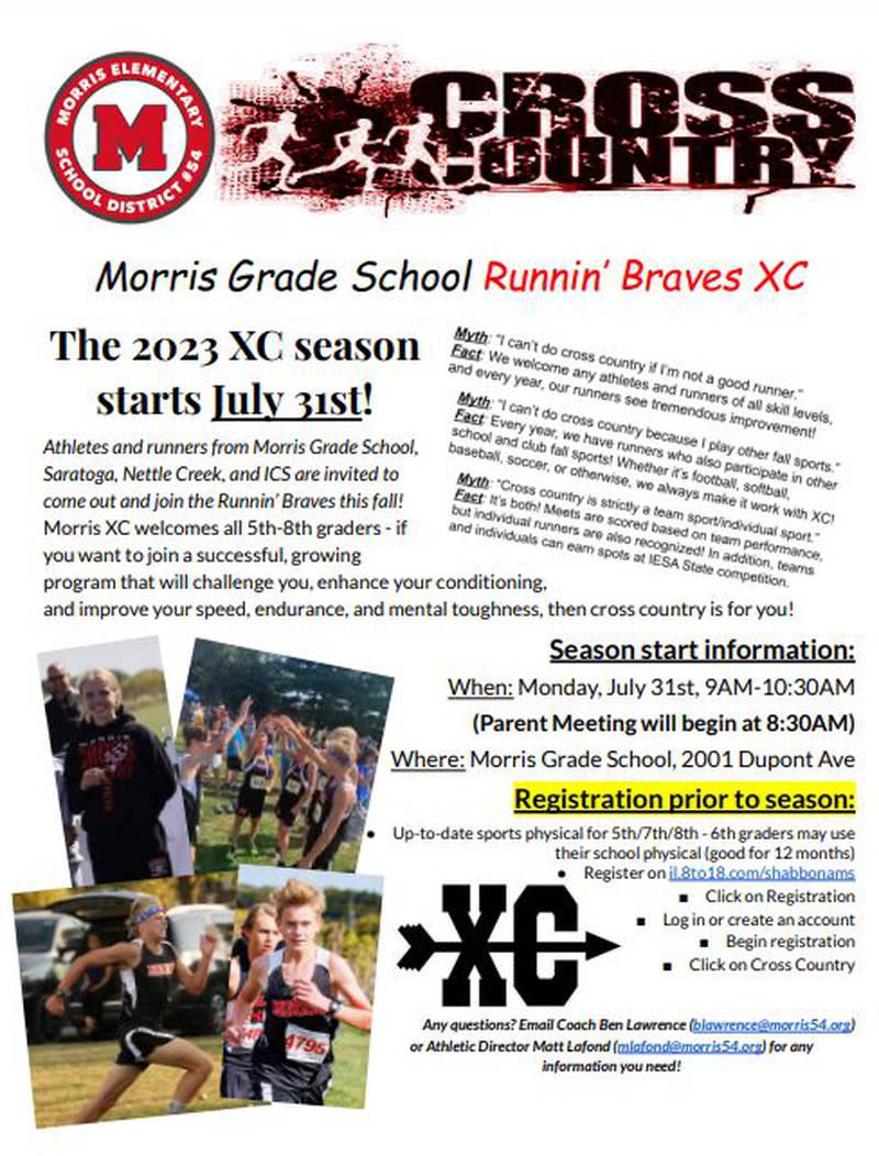 Runners from Morris Grade School, Saratoga, Nettle Creek and ICS are invited to join the Runnin’ Braves this fall.