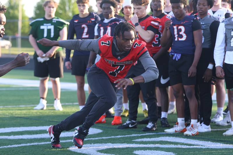 Bolingbrook’s Tyson Ward runs a drill at the IHSA Southwest Suburb Showcase combine on Thursday, May 7, 2026 at Plainfield North High School.