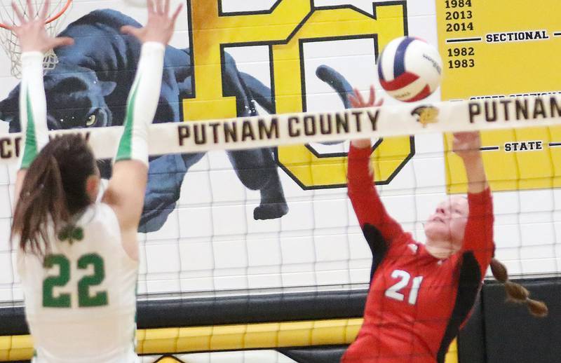Henry-Senachwine's Brynna Anderson pushes the ball past Seneca's Hayden Pfeifer  during the Tri-County Conference championship game on Thursday, Oct. 16, 2025 at Putnam County High School.