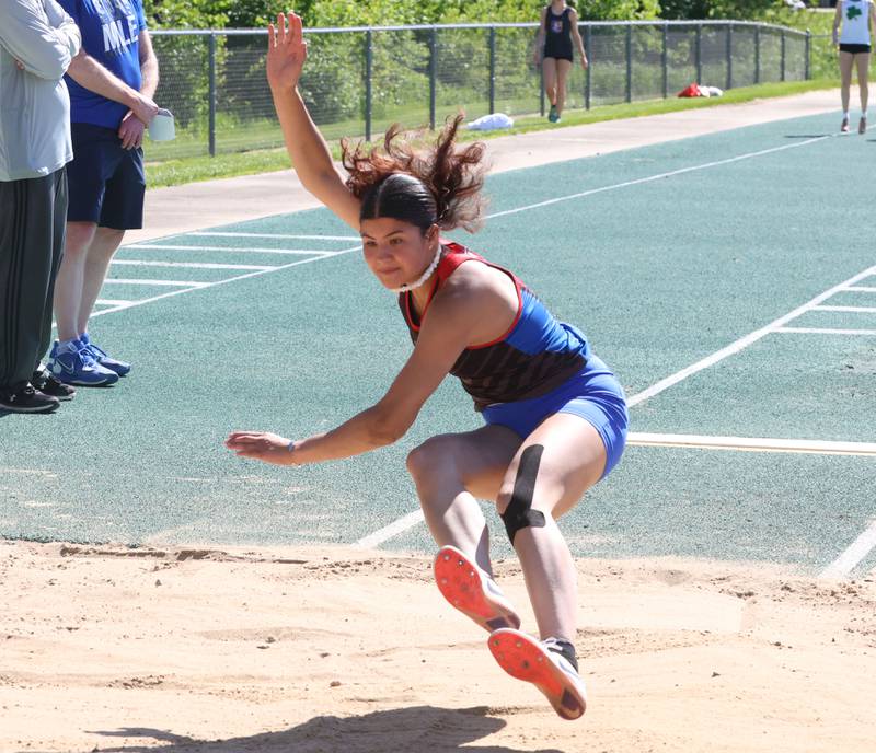 Seneca's Delaney Cato competes in the long jump during the Class 1A Sectional meet on Thursday, May 14, 2026 at Seneca High School.
