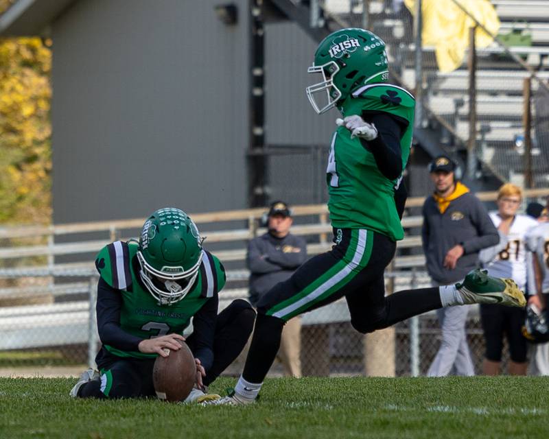 Cooper Hamilton (14) of Seneca kicks field goal on Saturday, November 1, 2025 at Seneca High School in Seneca.