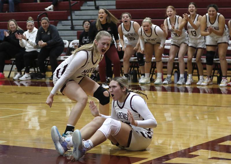 Marengo's Dayna Carr celebrates with Macy Noe after Noe was fouled during a Kishwaukee River Conference basketball game on Saturday, Feb. 1, 2025, at Marengo High School.