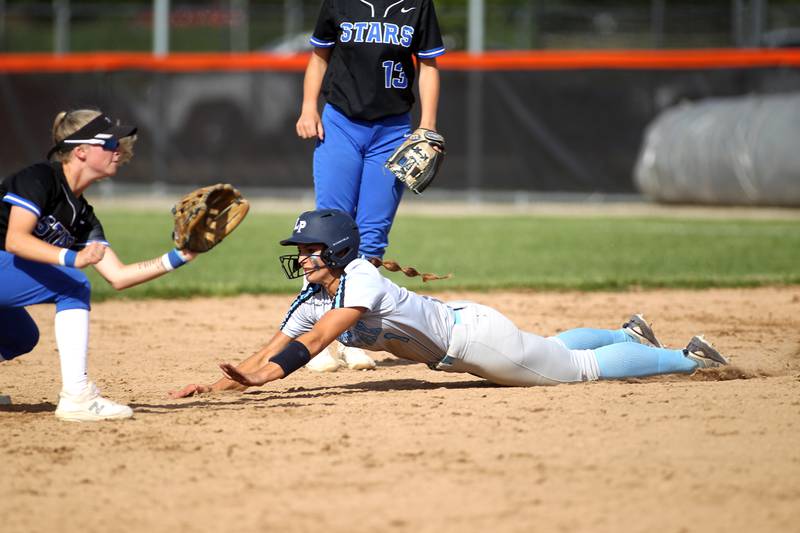 Lake Park’s Michela Barbanente slides safely into second base under the glove of St. Charles North’s Auburn Roberson during an IHSA Class 4A St. Charles East Sectional semifinal game on Wednesday, June 1, 2022.