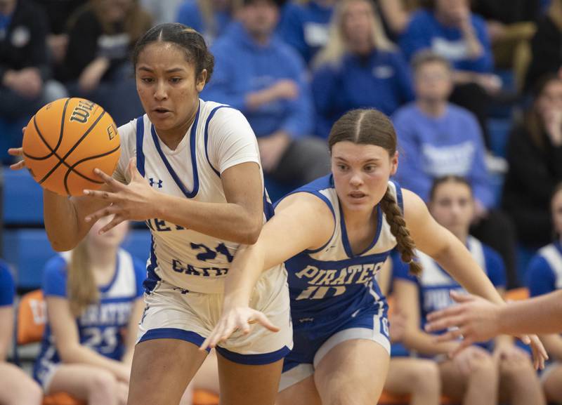 Newman’s Gisselle Martin works against Galena’s Megan Koenigs Tuesday, Feb. 24, 2026, in the Class 1A sectional at Eastland High School.