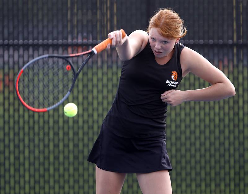 McHenry’s Lorelei Galvicius returns the the ball during a Fox Valley Conference tennis match on Monday, Sept. 25, 2023, at Crystal Lake Central High School.
