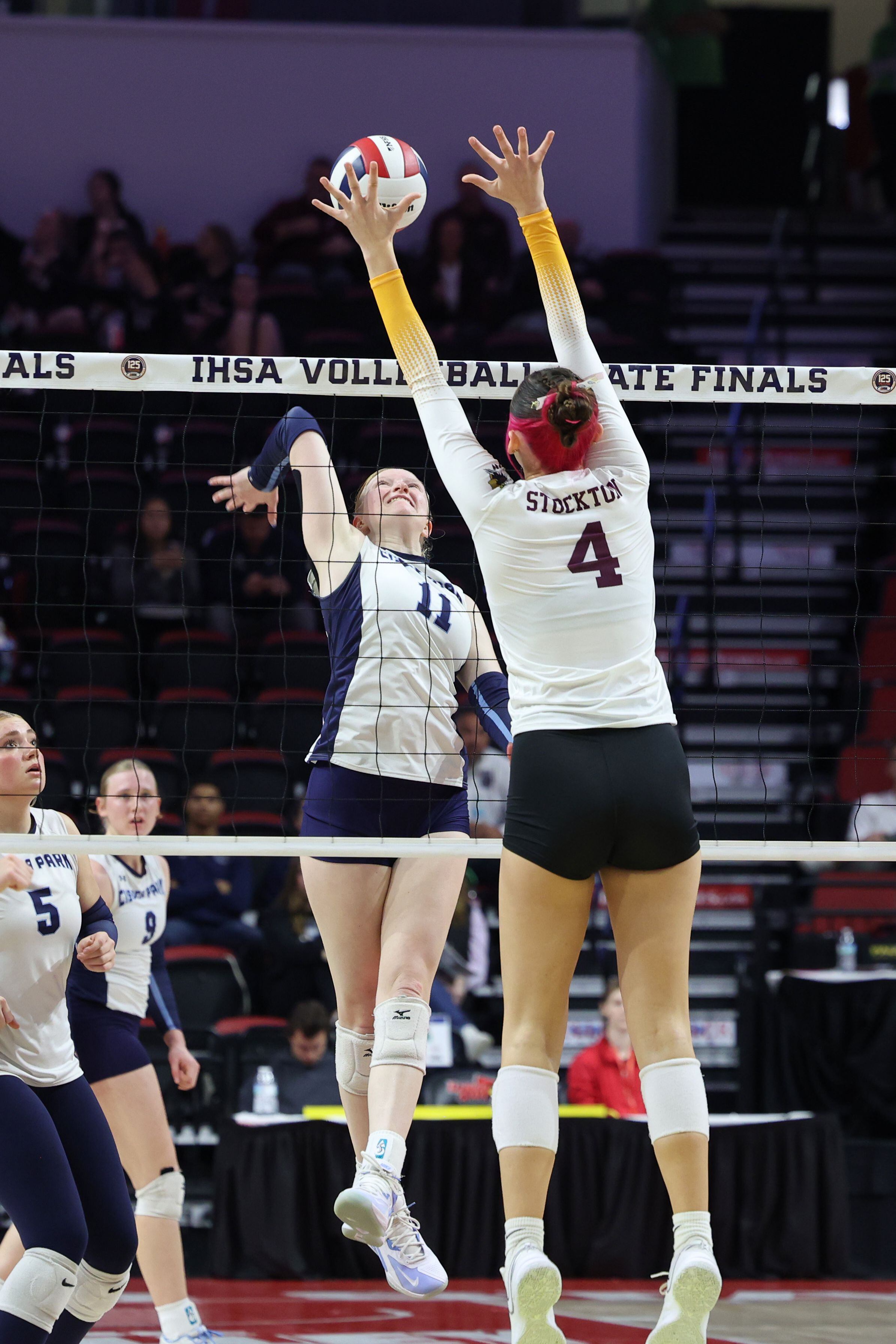Cissna Park's Sophie Duis prepares to spike the ball during the Timberwolves' victory in two sets, 25-11, 25-14, over Stockton in the IHSA Class 1A State championship on Saturday, Nov. 15, 2025.