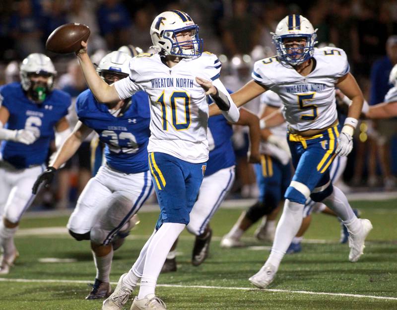 Wheaton North quarterback Nick Johnson looks to throw the ball during a game on Friday, Oct. 11, 2024 at Geneva.