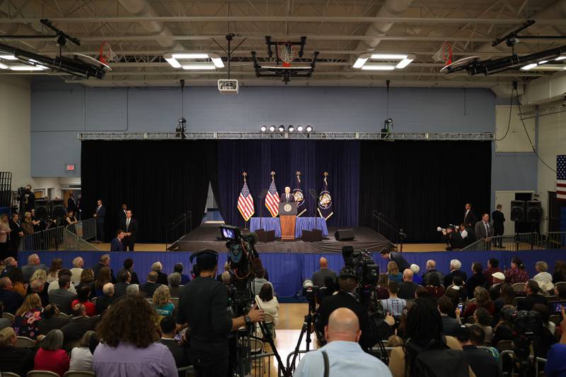 President Joe Biden speaks to a crowd of 200 plus people about Social Security and Medicare during a stop in Joliet at Jones Elementary School on Saturday.