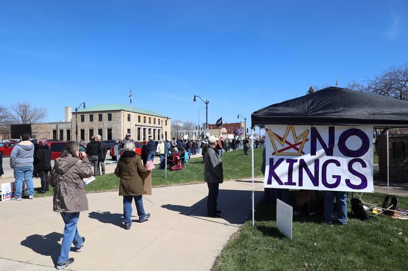 Protesters participate in the No Kings rally at the Kankakee County Courthouse on March 28, 2026.