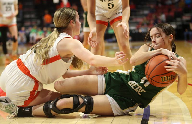 St. Bede's Bailey Engels grabs a loose ball over Altamont's Peyton Osteen during the Class 1A third-place game on Thursday, Feb. 29, 2024 at CEFCU Arena in Normal.
