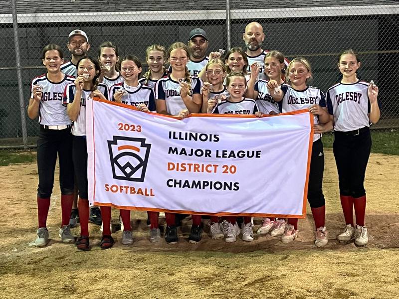 The Oglesby Major League softball team defeated Bi-County 7-2 and 6-5 on Thursday to win the District 20 championship. Team members are Kennedy Kramarsic, Elaina Opsal, Sadie Leffelman, Aaliyah Martin, Elyse Grubich, Quinn Entrican, Bethany Kasperski, Cara Kilmartin, Sienna Combs, Brynleigh Engel and Sailor Ernat.