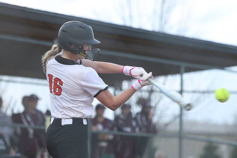 Lincoln-Way West’s Kaylea Armstrong connects against Lockport in the WJOL Softball Tournament championship game on Thursday, April 2, 2026 in Joliet.