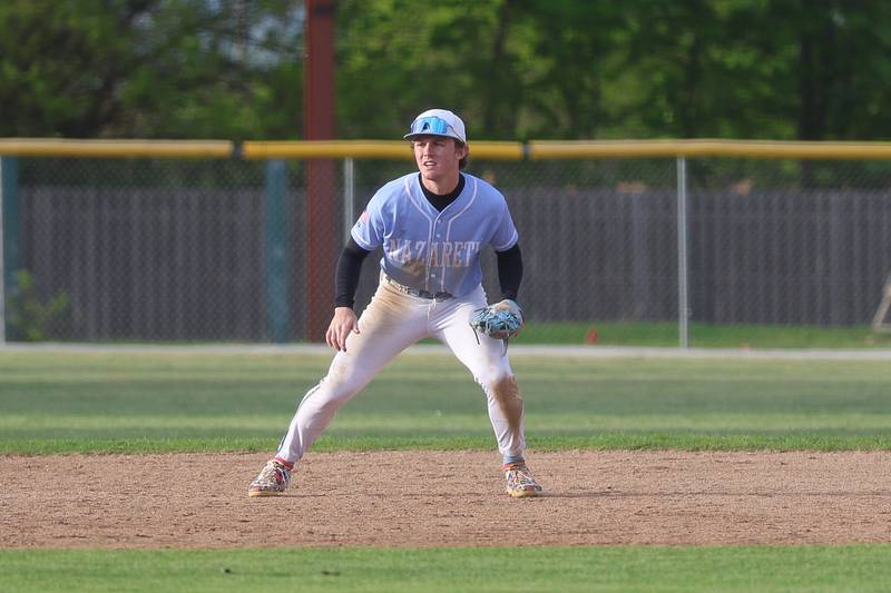 Nazareth’s Landon Thome readies at second base against Joliet Catholic on Wednesday, April 29, 2026 in Joliet.