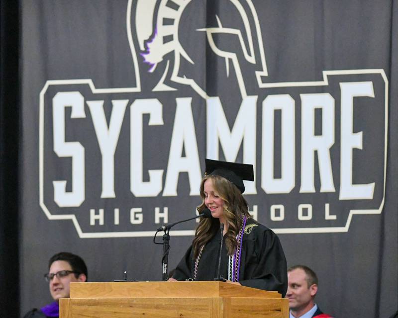 Sycamore High School student speaker Anna Berry gives a speech on Sunday, May 25, 2025, during the Class of 2025 Commencement ceremony at the high school.