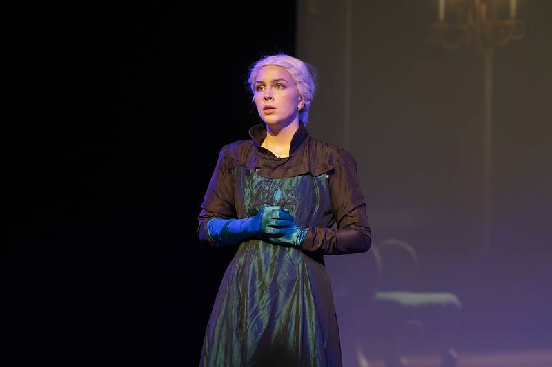 Elise Vander Bleek, playing Elsa, rehearses a scene Wednesday, April 15, 2026, for Newman High School’s rendition of “Frozen.” Shows will begin at 7 p.m. April 17, at 7 p.m. April 18 and at 2 p.m. April 19 at Centennial Auditorium on the campus of Sterling High School.