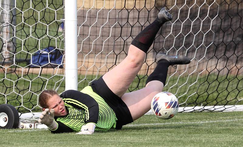 Prairie Ridge's Alayna Cooper-Turnage makes a save on a Sycamore shot during their game Wednesday, May 17, 2023, at Sycamore High School.