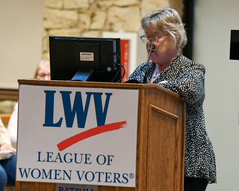 League of Women Voters service Chair Patti Hayes Lackman welcomes everyone to the forum on Thursday Feb. 24, 2024, held at Batavia’s City Hall.