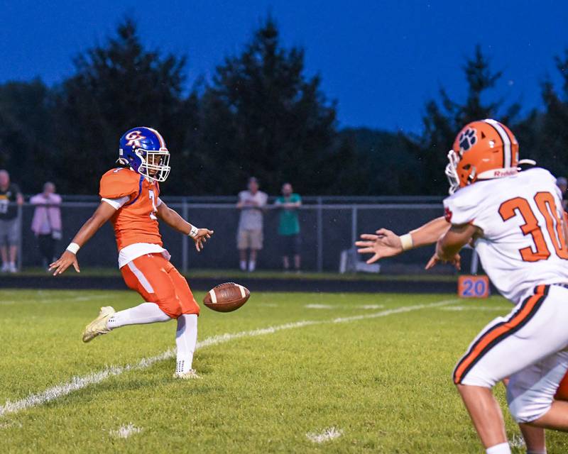 Genoa-Kingston Jorge Leon (7) punts the ball away on a fourth down in the first quarter Friday Sep. 16th while taking on Byron held at Geno-Kingston’s field.