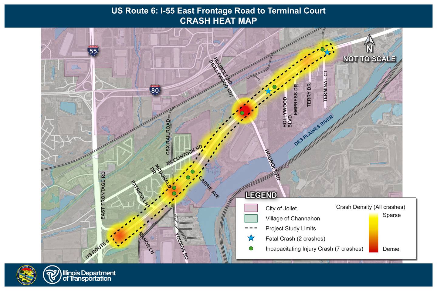 A heat map of crashes along US Route 6 between East Frontage Road in Channahon and Terminal Court in Joliet.