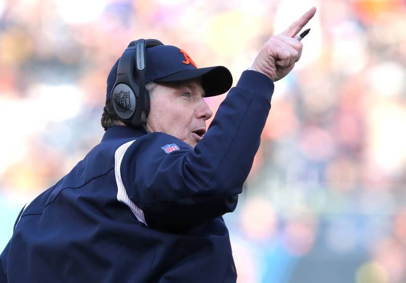 Chicago Bears head coach Matt Eberflus argues that a late first half Minnesota Vikings field goal shouldn’t count Sunday, Jan. 8, 2023, during their game at Soldier Field in Chicago. After review the field goal points were taken off the board.