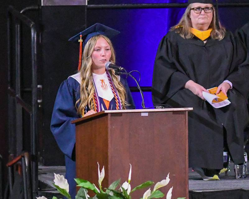 Oswego High School class president Abby Schwab along with class vice president Jordan Trader welcomes graduates and attendees during the graduation ceremony on Saturday May 17, 2025, held at the Convocation Center in DeKalb.