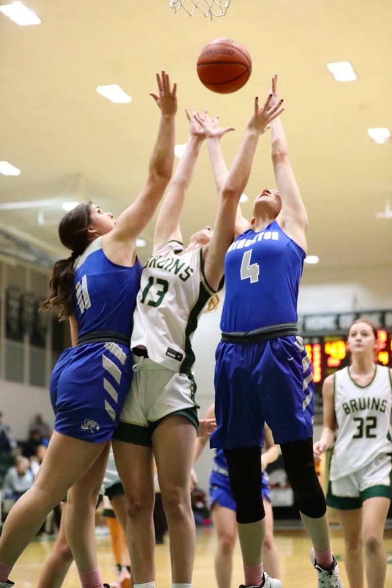 St. Bede's Ashlyn Ehm (13) battles Princeton's Olivia Gartin (11) and Erin May (4) for a rebound Thursday.