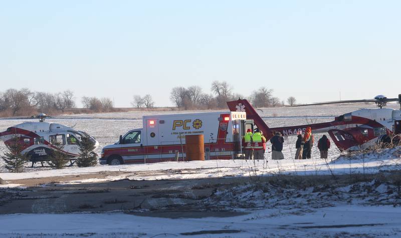 Putnam County EMS transfer a victim to OSF lifeflight helicopter who was involved in a grain bin incident on Monday, Jan. 26, 2026 in the 13000 block of North 950th Avenue just south of Granville. Two lifeflight helicopters landed and one victim was flown from the scene.