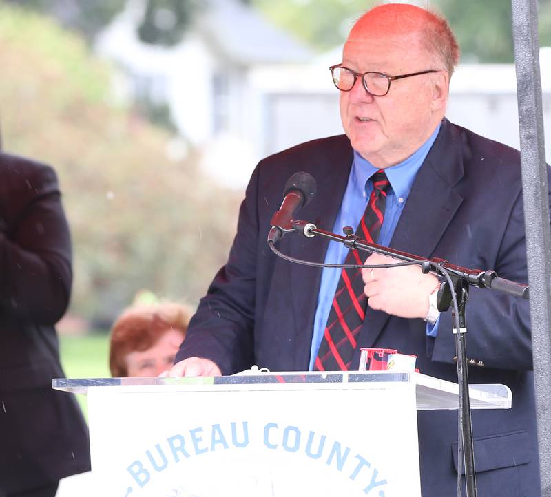 Les Poppens, executive director of the Bureau County Historical Society Museum, speaks during a Civil War Monument Ceremony on Friday, Sept. 22, 2023 outside the Sash Stalter Matson Building in Princeton.