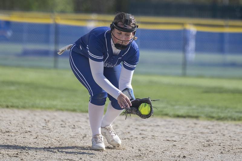 Princeton’s Sylvia Rutledge snags a liner at second base against Newman’s Monday, April 29, 2024.