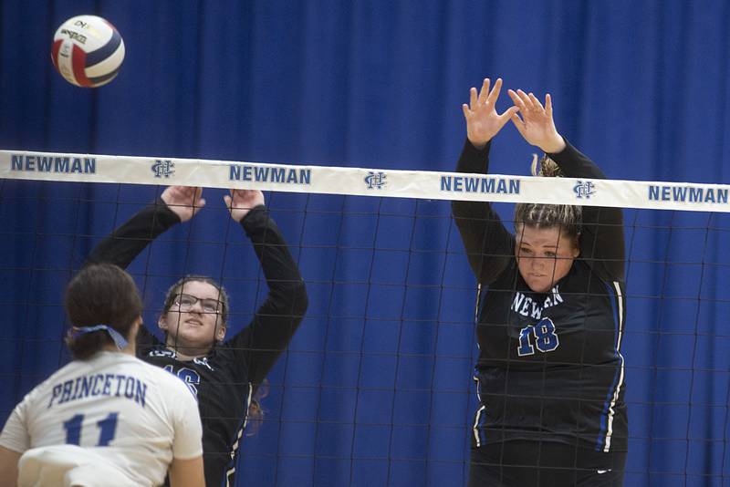 Newman’s Leah Kalina and Kennedy Rowzee goes up to block a shot by Princeton’s Olivia Gartin Thursday, Sept. 15, 2022.