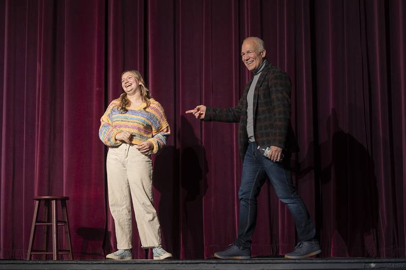 Dixon High School student Molly Oliver laughs as Broadway star Franc D’Ambrosio plays a part in Oliver’s song “Kindergarten Love Song” on Thursday, Feb. 15, 2024. After the workshop with the students, D’Ambrosio gave advice and tips on auditioning and didn’t mince words when he told students “it’s not enough to want to be in this industry, you have to need to be in the industry, because there’s so much rejection.”