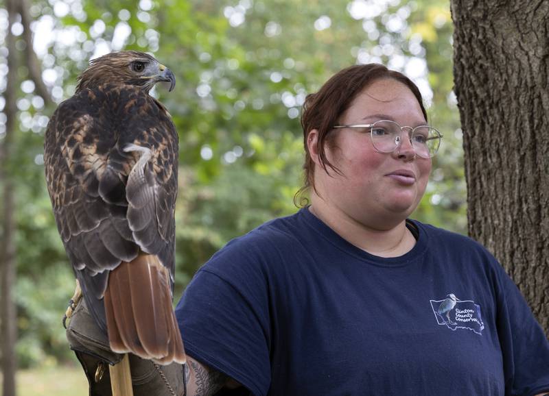 Emma Jacobs of Clinton County Conservation educates listeners Saturday, Sept. 21, 2024, about a Red-tailed Hawk rescued by the organization. Jacobs was attending Lowell Park’s Fall and Fantasy Fest.