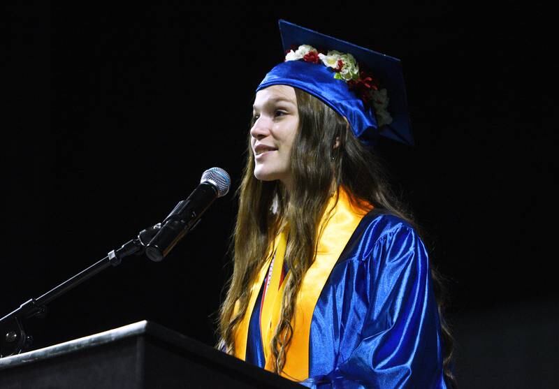Dundee-Crown High School valedictorian Camden Svec addresses the seniors during the graduation ceremony on Saturday, May 21 at the Now Arena in Hoffman Estates.